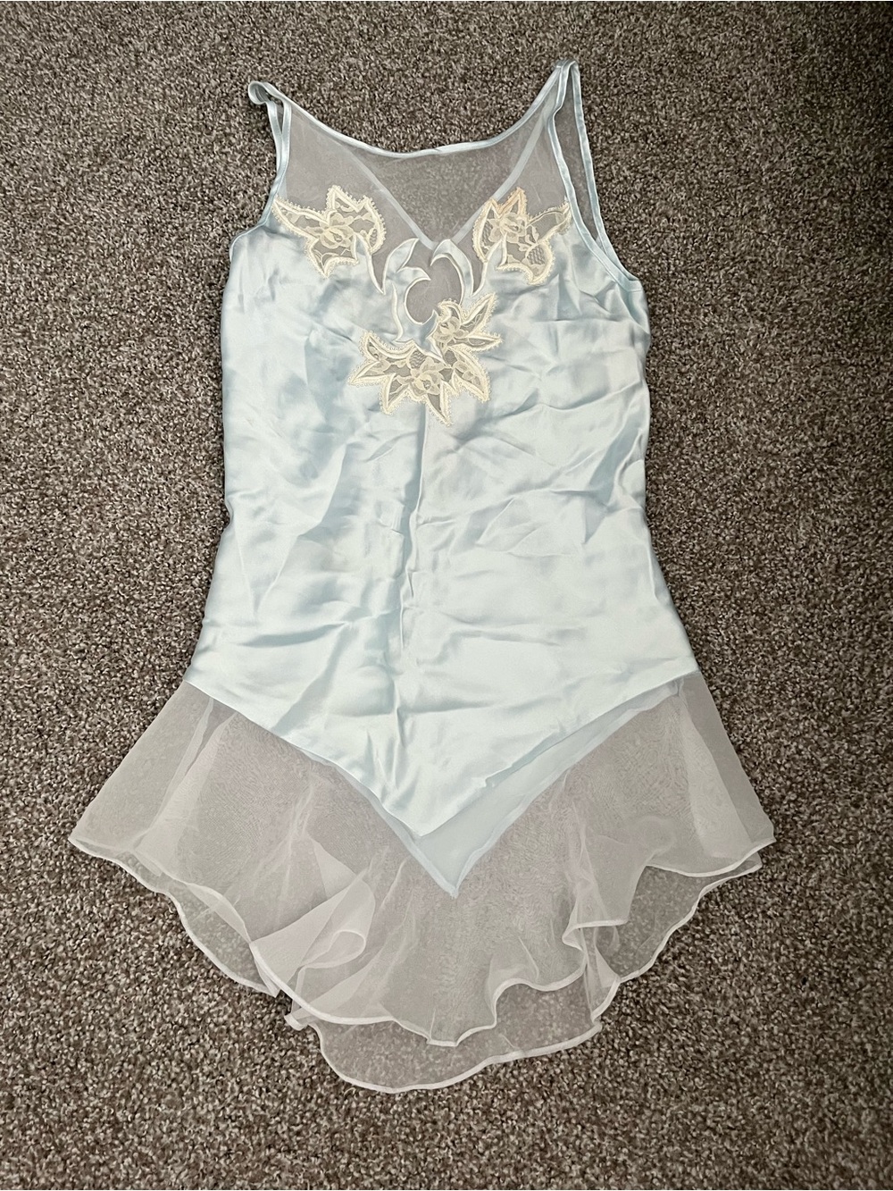 VTG Josie Light Blue Lace Appliqué Satin Chemise with Sheer Skirt Lingerie Slip